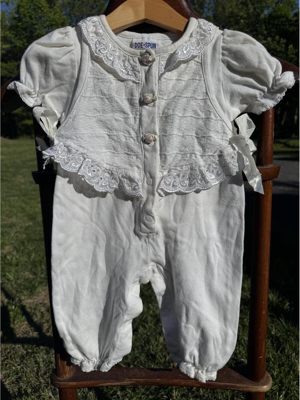 Vintage White Baby Romper with Lace and Bow Details